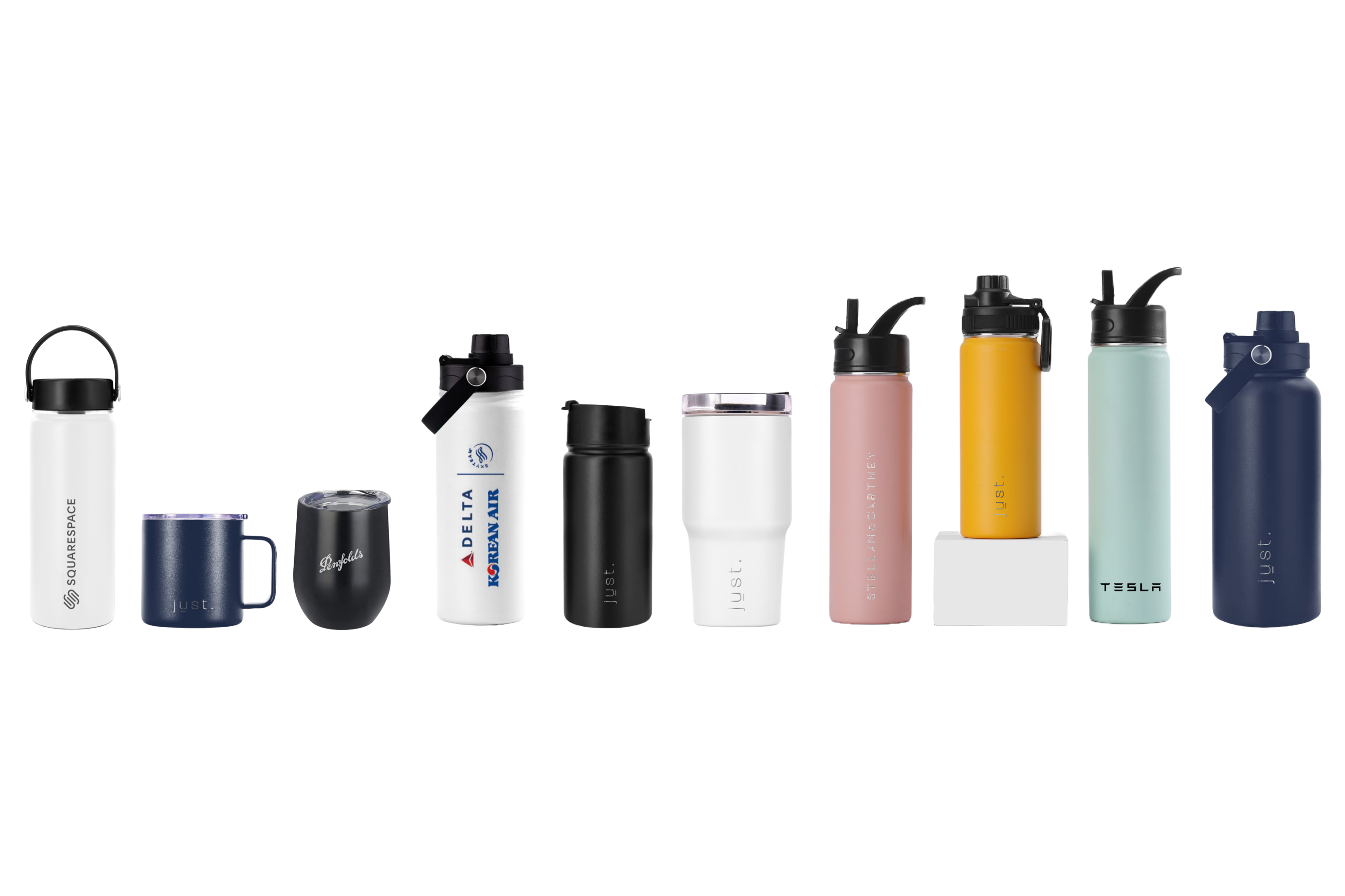 just bottle branded merchandise products in a line