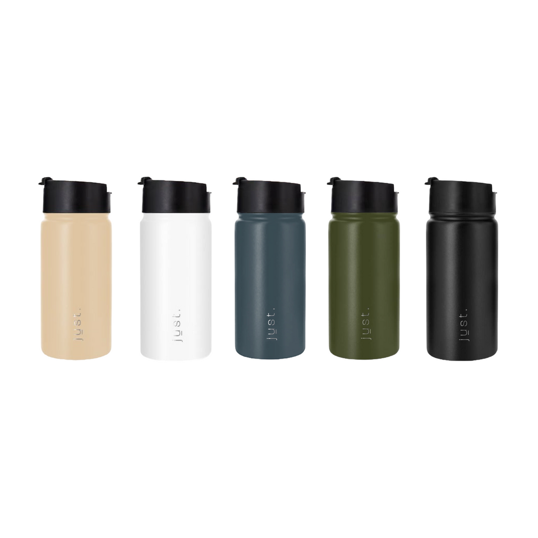 Just Bottle Reusable Coffee Cup in sand, white, blue, green, black 