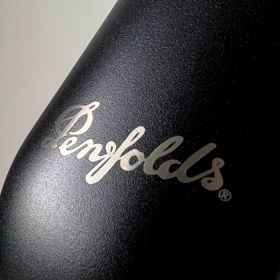 custom branded black stainless steel wine tumbler with Penfolds logo laser engraved