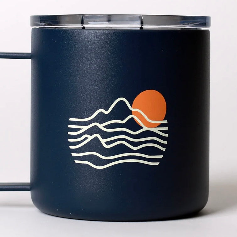 blue custom branded stainless steel coffee mug with seven seeds coffee roasters logo printed on the front